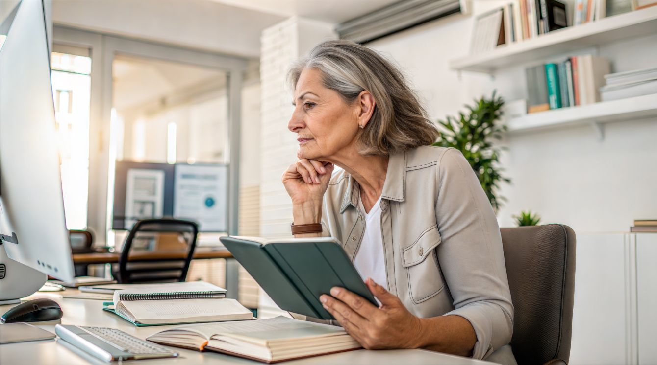 Thinking Computer Mature Woman Business Research Reading Digital Proposal Book Publisher