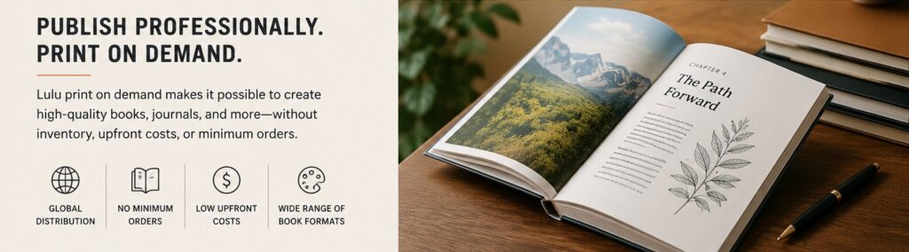 Editorial-style illustration of Lulu print-on-demand publishing featuring printed books, journals, and workbooks alongside an open book and publishing icons, representing professional self-publishing, global distribution, and print-on-demand book production.